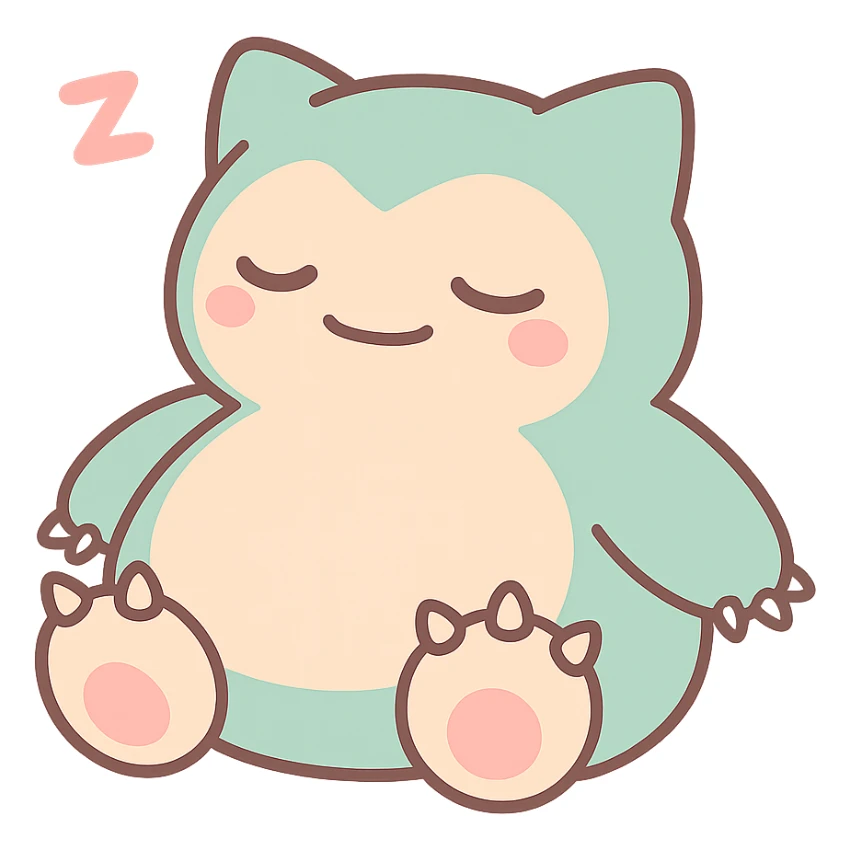 chibi style Snorlax sleeping with three toe claws on each foot, transparent background sticker