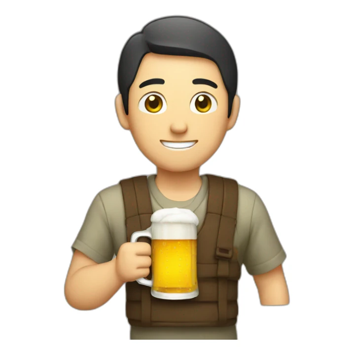 A Japanese man holding beer wearing sticker