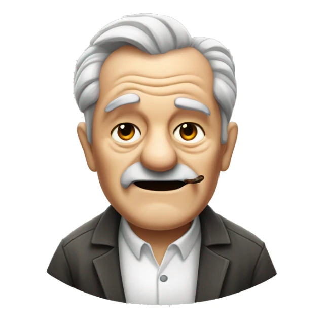 old man with a parted pompadour, bushy eyebrows, toothless mouth and closed eyes wearing a white shirt with gray stripes while smoking a cigar sticker