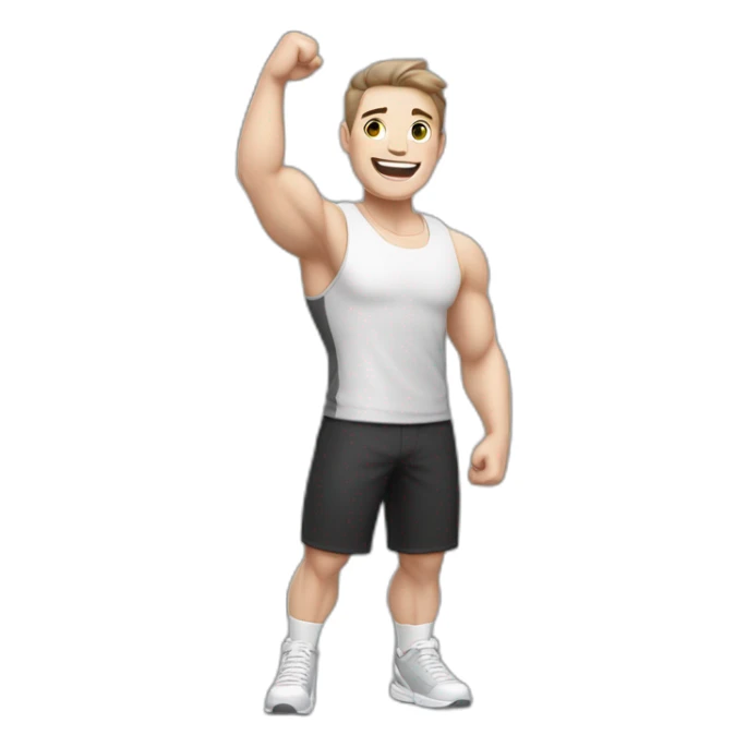 Joyful Celebrating victory Pale skinned Fit Man With the biceps and dark brown hair in black shirt, gray sports shorts and white Sneakers sticker
