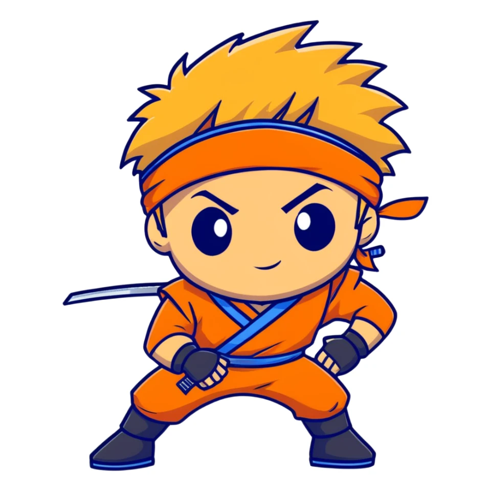 A blonde ninja boy with spiky hair, whisker marks on cheeks, orange outfit, and blue headband with metal plate sticker