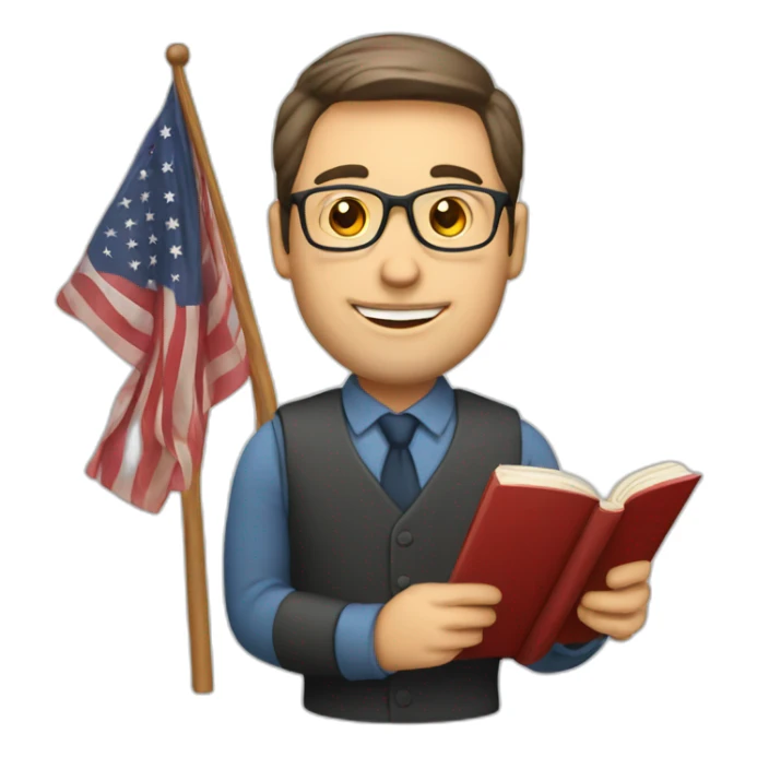 male english teacher with book and american flag sticker