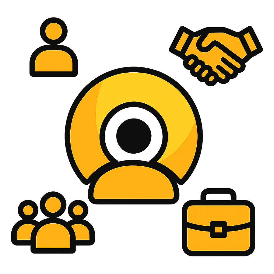 Create a minimalistic and abstract logo design with a dominant orange-yellow color palette. Place the Volio logo (from the provided image) at the center as the main visual element. Integrate modern, symbolic icons representing Human Resources, such as a person, a group of people, a handshake, or a briefcase, in a clean and balanced layout. The design should be futuristic, tech-style, and high contrast against a white background. Keep the overall composition simple, professional, and visually striking. sticker