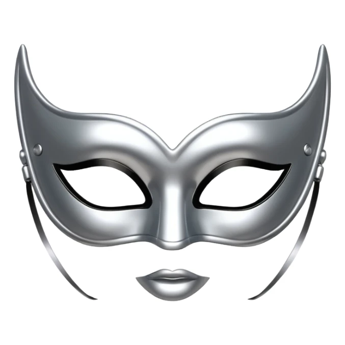 A sleek masquerade mask emoji made of polished silver chrome, smooth sensual curves, reflective metallic surface, mysterious sexy luxury vibe, minimal iOS emoji style, centered, clean white background sticker