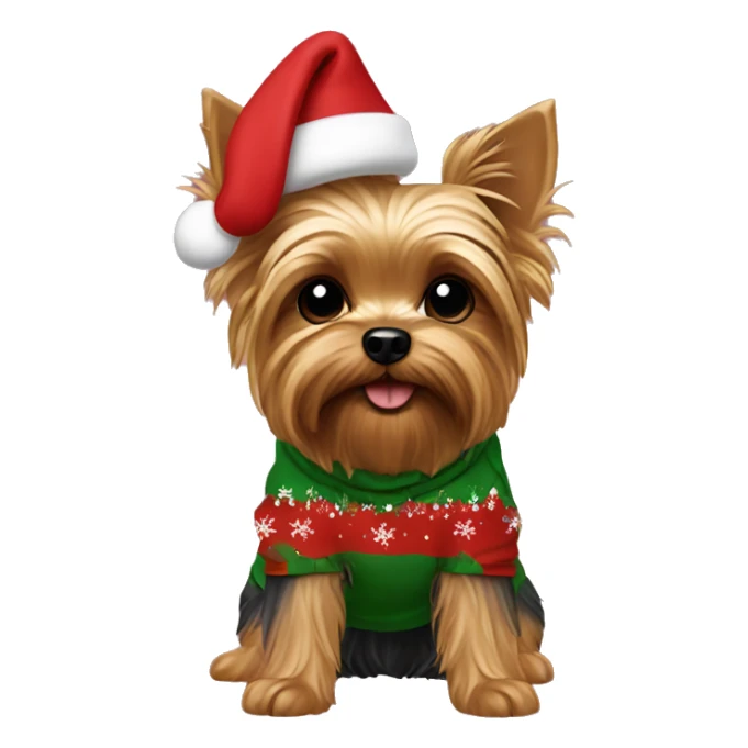 A yorkie dog with a Christmas hoodie sticker