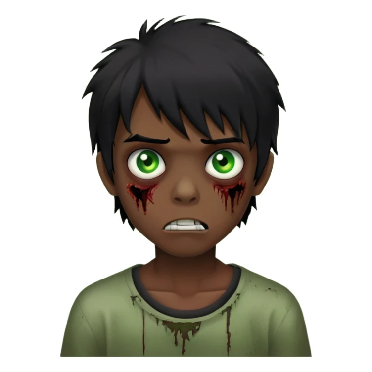 Boy, zombie, black hair, medium long, emo, shaggy, dark, spooky, creepy expression, green eyes sticker