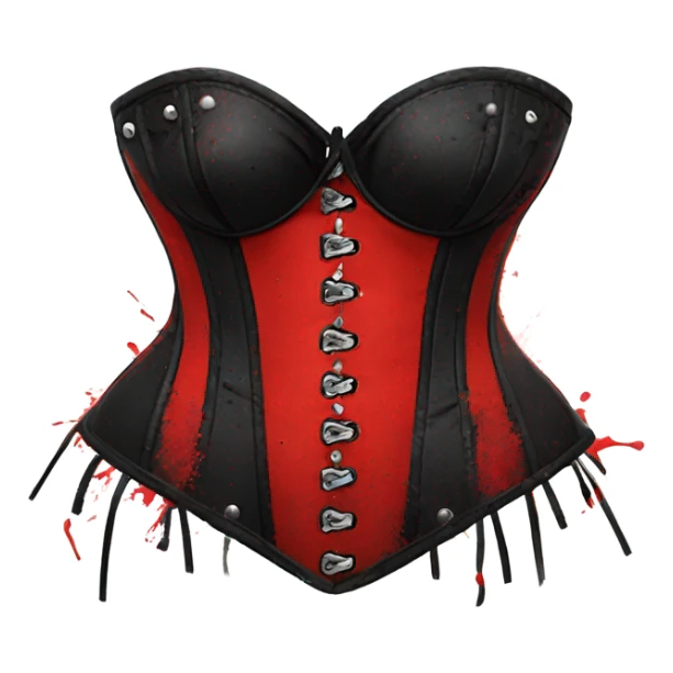 Red and black corset top with bikini bottom splattered with white paint on the corset sticker