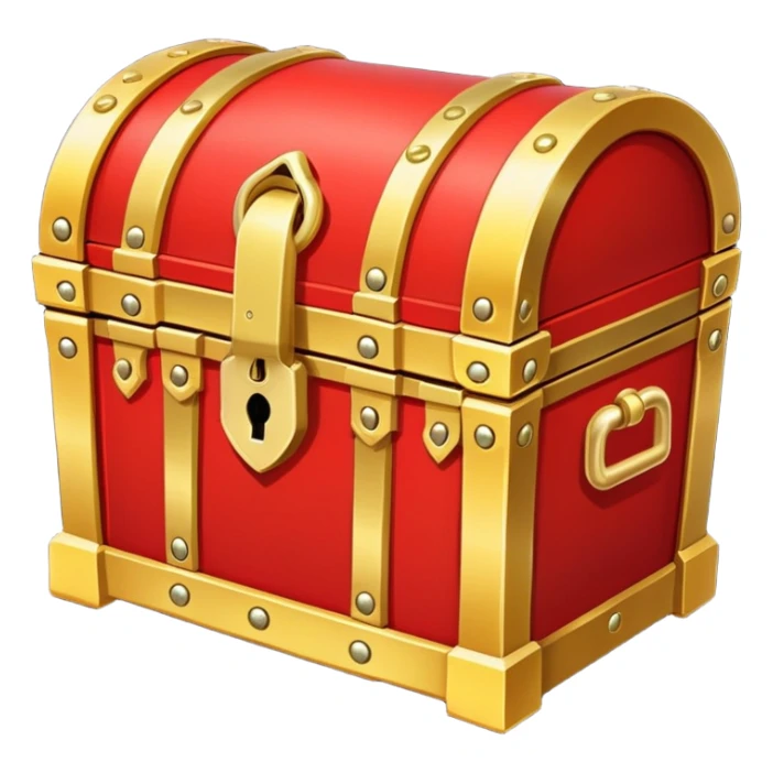 A bright red treasure chest from an RPG game with gold trim and a lock sticker