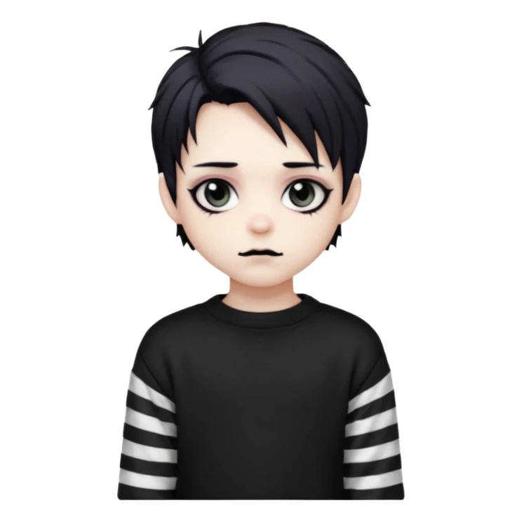 Goth boy, chibi style, oversized sweater, striped sleeves, cute sticker