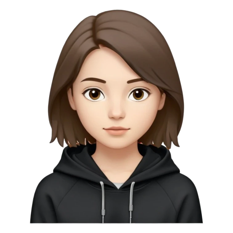 A young person with fair skin and soft facial features. The face is oval-shaped with a smooth complexion. The hair is medium brown, slightly tousled, and styled with a natural side-swept look, adding a bit of volume on top. Eyebrows are medium in thickness and naturally shaped. Eyes are medium-sized with a calm, neutral expression, and the eyelids are slightly heavy, contributing to a somewhat serious or relaxed demeanor. The nose is straight and proportionate to the face. The lips are medium in fullness with a subtle, closed-mouth expression. The jawline is soft and not sharply defined, adding to the youthful appearance. The person is wearing a black hoodie with visible silver grommets on the hood strings. Background suggests an indoor office or school setting with white walls and a ceiling with fluorescent lights sticker