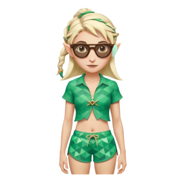 elf female legolas portrait, patterned board shorts (geometric/abstract), unique wooden-framed sunglasses, undercut hairstyle, slight smirk, visible pointy ears, no background, centered emoji, hipster summer vibe coctails  sticker