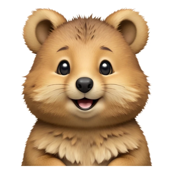 cinematic-realistic quokka-emoji,-small-round-frame, head tilted in an endearing manner, comical smile, round cheeks, giant-fluffy-cheeks-large-smile-fluffy-brown-fur-radiating-a-warm-softness,-big-round-eyes-filled-with-joy, realistic round  fluffy zoomed in, large black eyes one paw raised in the air sticker