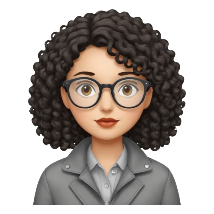 girl with dark curly hair, glasses and a gray jacket sticker