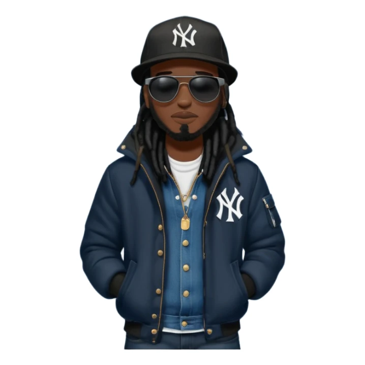 African American man with shoulder length black dreadlocks and black sunglasses wearing a black New York Yankees baseball hat wearing a black bubble winter coat with denim skinny jeans and timberland boots wearing headphones sticker