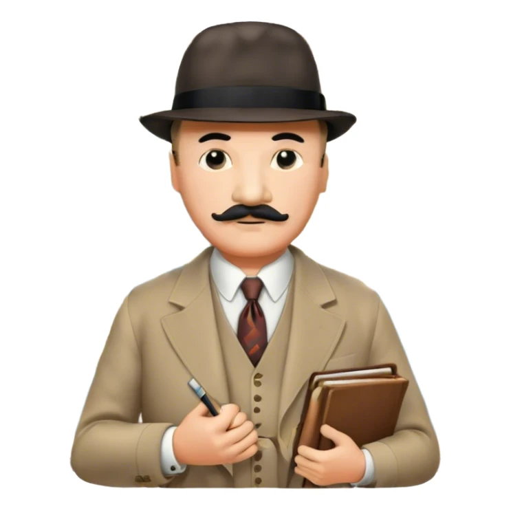 A cinematic-style frame showing Hercule Poirot in his iconic suit with a notebook in a dramatic detective pose. Background should be mysterious city, map, a board with photos of suspects, clues like fingerprints. Transparent background. sticker