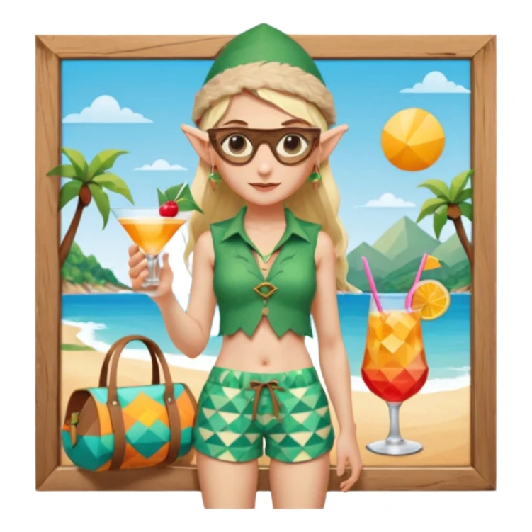 elf female legolas portrait, patterned board shorts (geometric/abstract), unique wooden-framed sunglasses, undercut hairstyle, slight smirk, visible pointy ears, no background, centered emoji, hipster summer vibe coctails with summer hat sticker