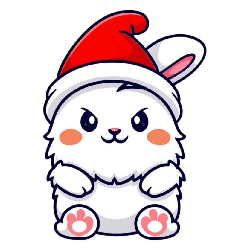 fluffy white angora rabbit wearing red and green Christmas hat being held sticker