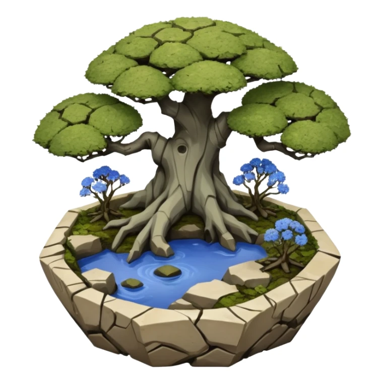 Bare Alien landscape mudman very old broken cracked intricate Stone Age rocky-crusted irregular dodecagon-shaped shallow dark moss rough bark blue willow flowered maple tree bonsai pot sticker