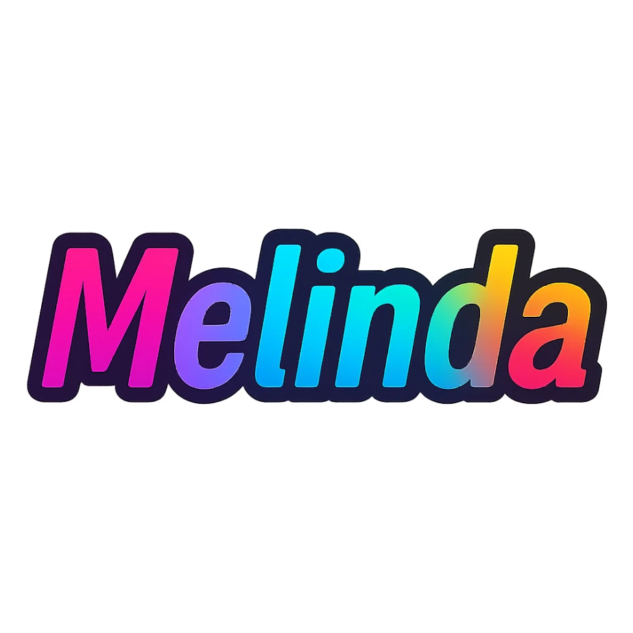 The name 'Melinda' in a modern, colorful gradient font with a dark outline, transparent background, in the style of sample images sticker