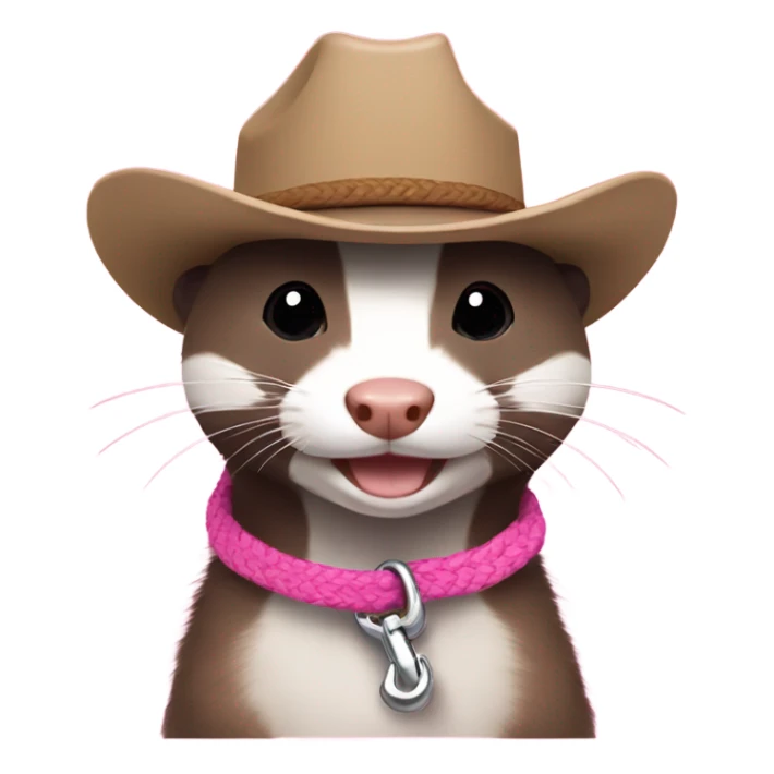 Ferret on a pink leash wearing a cowboy hat sticker