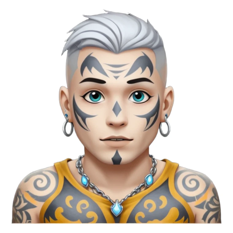 white skin Rock-style man — piercings, glowing tattoos on face sticker