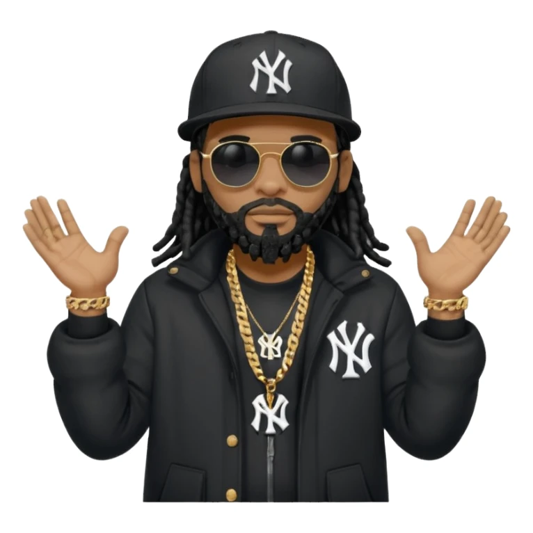 African American man with shoulder length black dreadlocks with black beard wearing black sunglasses wearing a black New York Yankees logo baseball cap wearing a black bubble winter coat with hands down with both palms facing down sticker