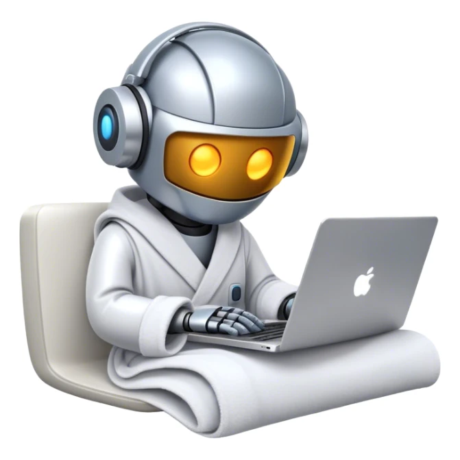 Emoji of a remote-working robot in a cozy bathrobe with a laptop. The robot has a sleek helmet-like head with glowing digital eyes. Relaxed yet high-tech vibe. sticker
