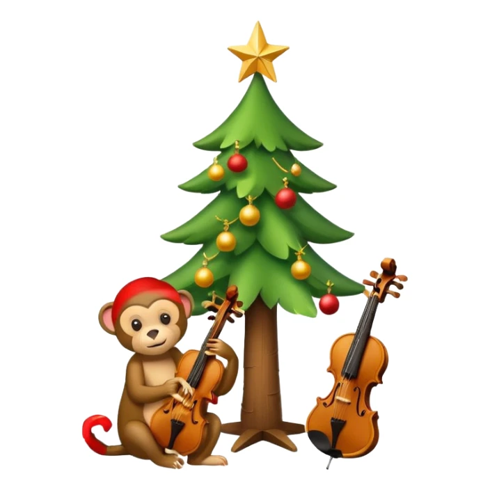 A cute, minimal emoji-style Christmas tree with a bright green triangular shape decorated, a wooden violin replacing the trunk, and a small playful monkey sitting at the very top carefully placing a golden Christmas star sticker