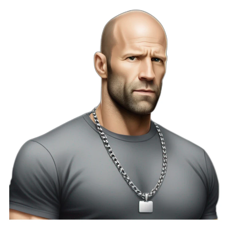 Jason Statham wearing men silver chain on a black tshirt,styled,cool sticker