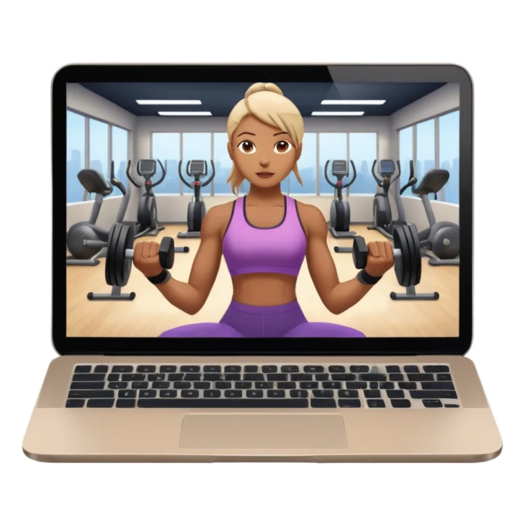 Open laptop on a dark background, showing a fitness trainer inside a modern professional gym on the screen— smooth rounded edges, soft lighting, no text or logos, minimalistic and high-quality rendering. Only the laptop is visible, centered sticker