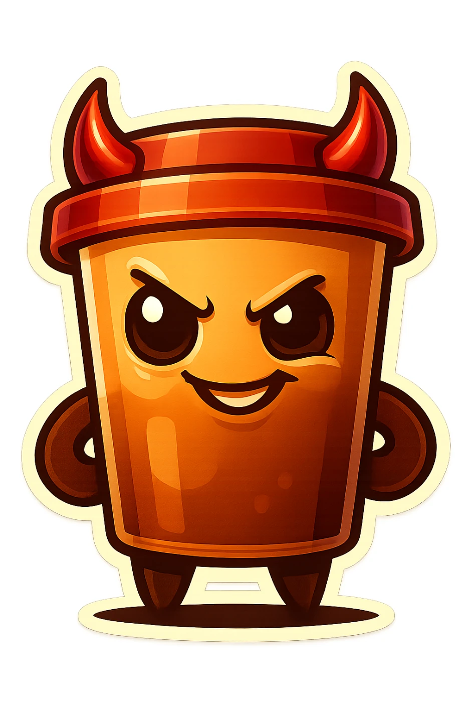 Tall coffee cup, devil horns, smirking, evil sticker