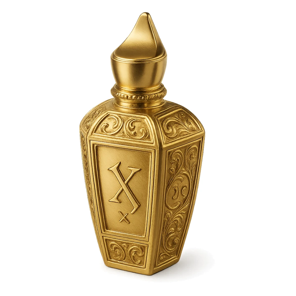 decorative ornate perfume bottle shape inspired by Xerjoff, with gold accents and luxurious feel, no characters, just bottle design sticker