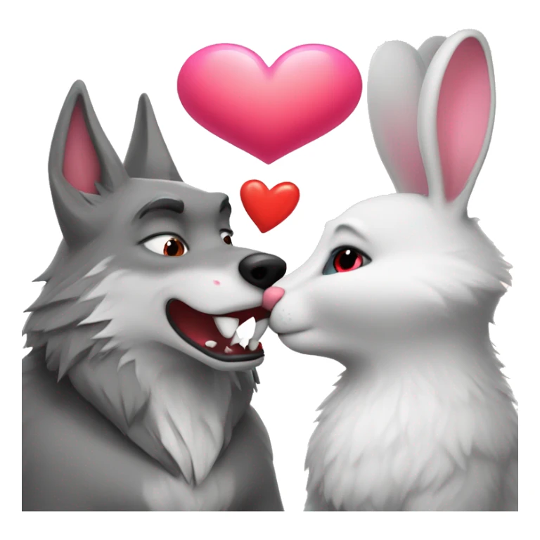 Old Wolf kisses a white Bunny who has pink ears, with big red heart between them sticker