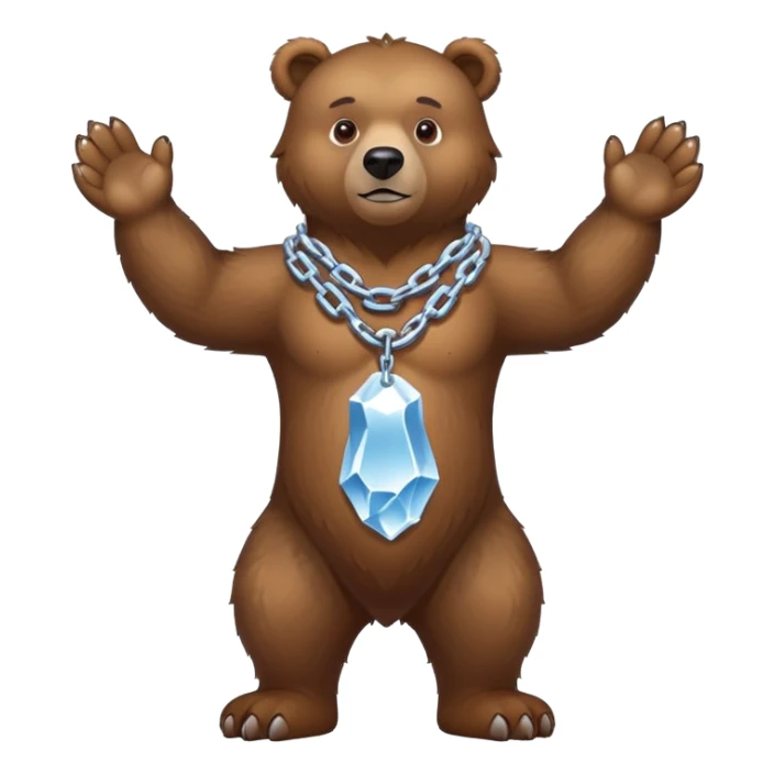 Complete full-length view of serious brown bear standing on four paws, showing entire body from nose to tail, with ice chain around neck sticker