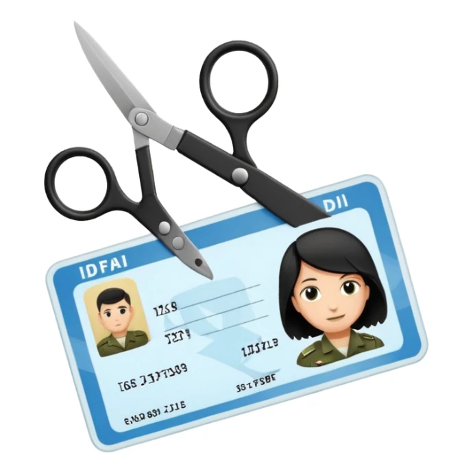 Floating black Scissors cutting in half an idf soldier ID card with a little chip in 2 parts sticker