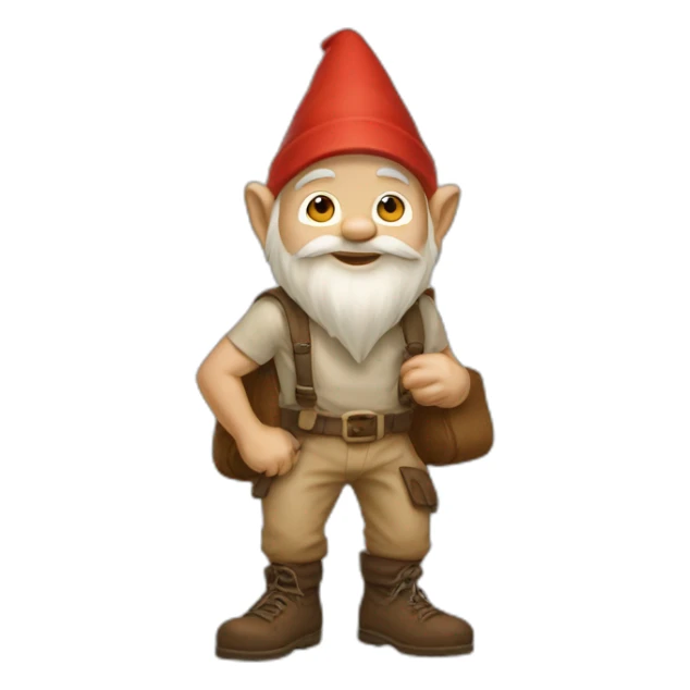 side view of gnome with light tan pants squatting on top of small brown bag sticker
