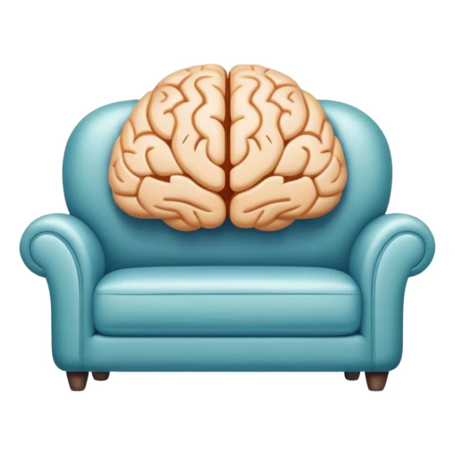 An icon featuring a brain, a couch, and a psychological test, symbolizing the study of psychology. The design includes abstract patterns representing the mind, with a calm, therapeutic setting in the background. Transparent background highlights the exploration of human behavior and mental health. sticker