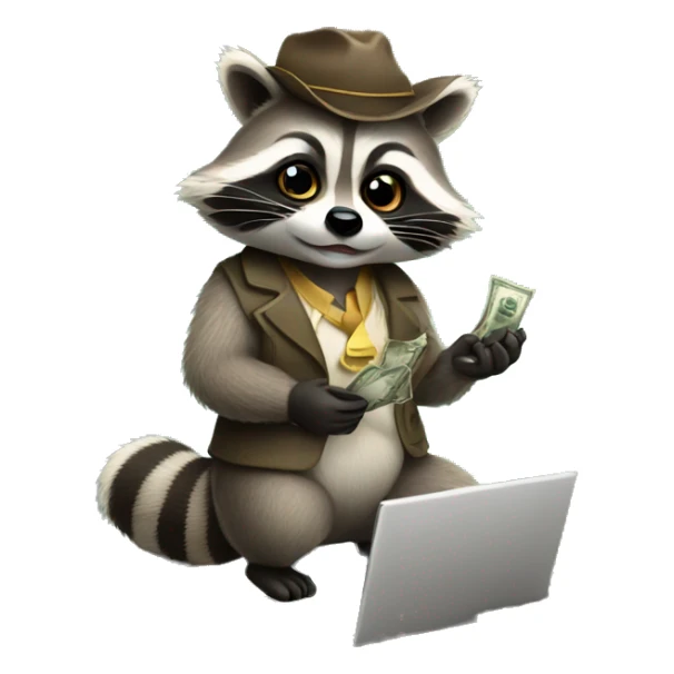 rich raccoon with laptop and money in hand sticker