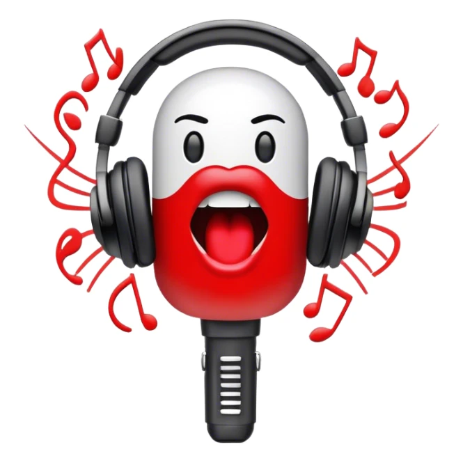 Create a dynamic and energetic emoji that represents beatboxing. The design should feature a stylized microphone with lips and sound waves emanating from it, symbolizing vocal percussion and rhythm. Add elements like headphones or a subtle speaker to emphasize the music production aspect. Use bold colors like black, white, and red to convey the intensity and creativity of beatboxing. The background should be transparent. sticker