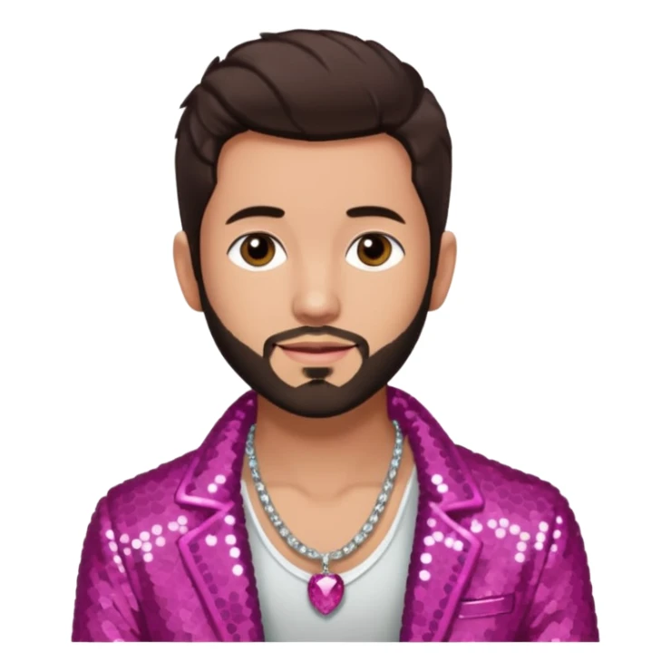Frankie Zulferino, Pop Singer (b.1990) with dark brown hair and short beard, dark pink sequin jacket, light tan skin, shirtless with necklace sticker