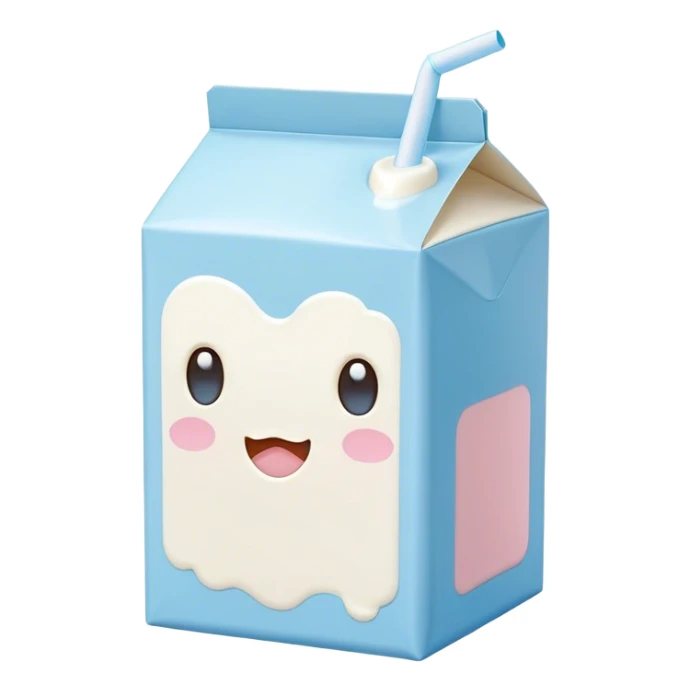 Cute Kawaii Milk Carton, small and boxy, bright pastel blue and white, blushing cheeks, a tiny straw poking out, soft glowing highlights, adorable farm-fresh cuteness! sticker