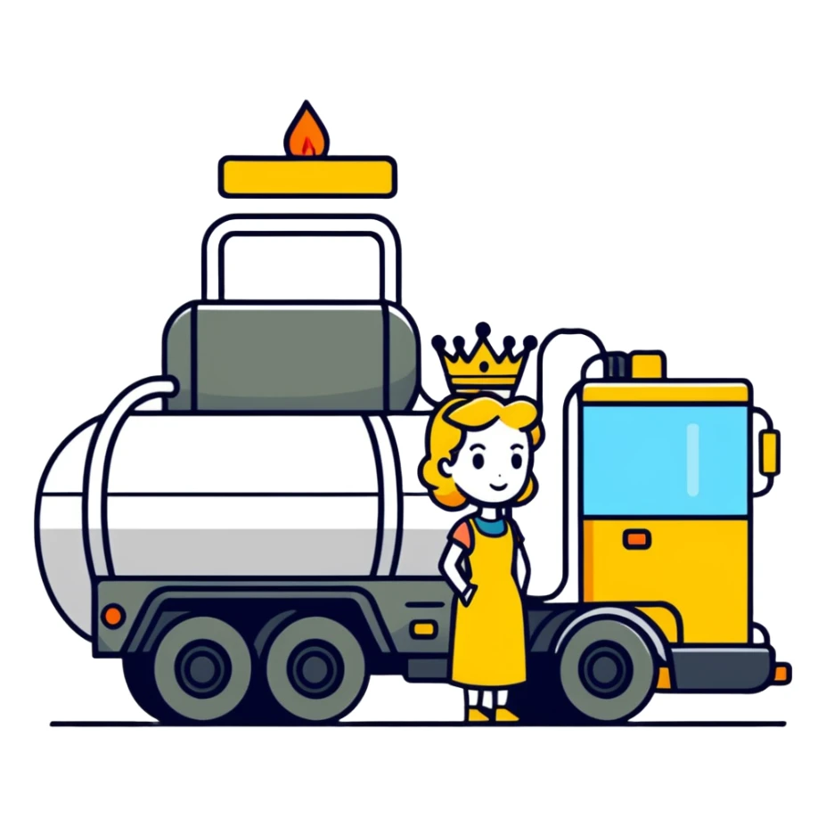 Queen next to a fuel truck sticker