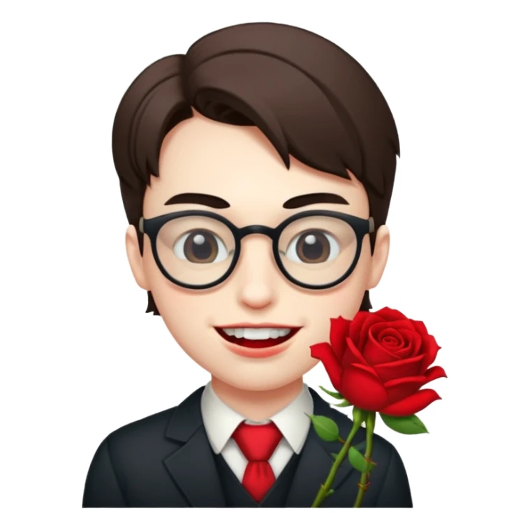 One eye open one eye closed nerd making a smirk mouth with a rose between teeth sticker