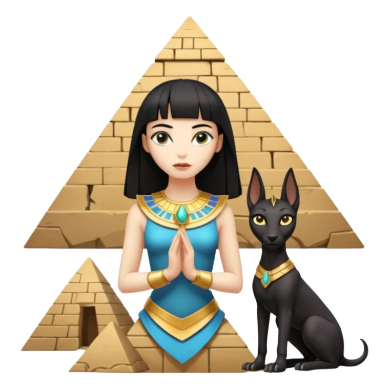 Kindly alien cleopatra Protecting silky black-haired tiny statuette scale female Anubis and pyramid scenery stone-age cracked irregular dwelling  sticker