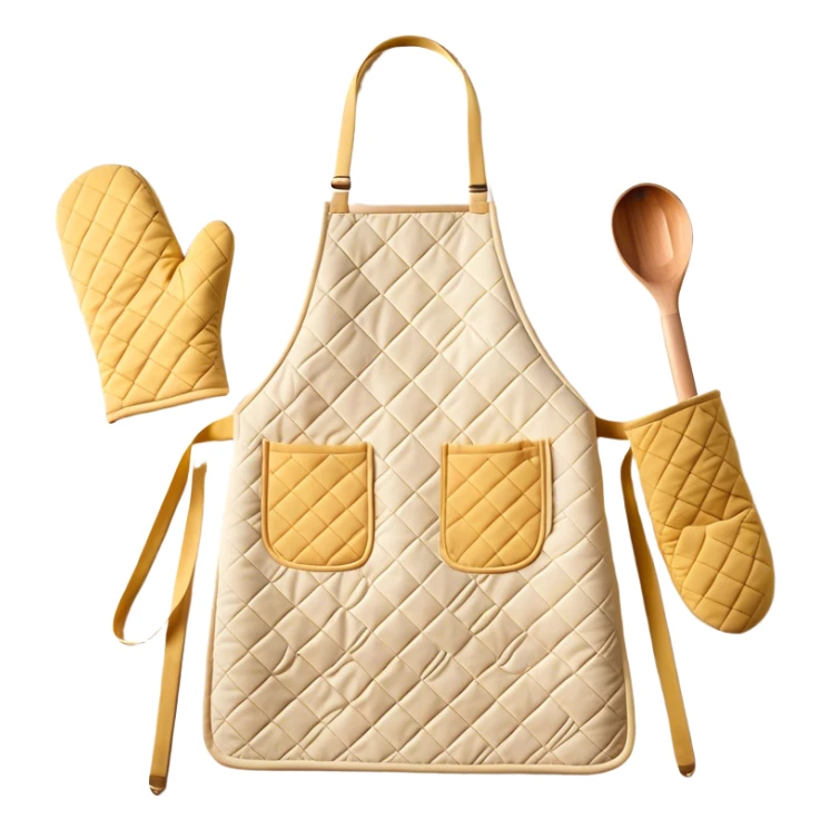Cinematic Realistic Apron & Oven Mitts, a neatly folded soft pastel apron with subtle fabric textures, resting next to thickly padded oven mitts with a quilted pattern, warm golden kitchen lighting reflecting off the fabrics, evoking a sense of homely warmth and culinary creativity. sticker
