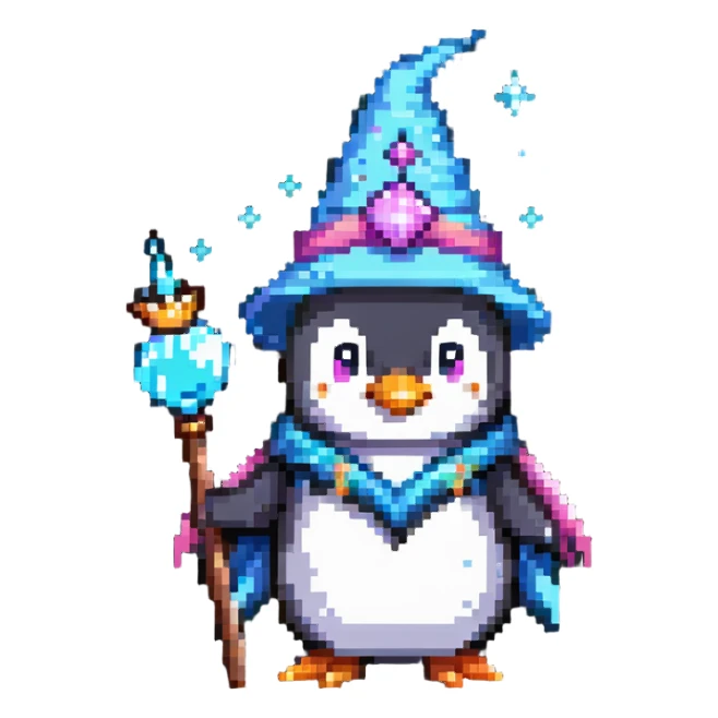 a penguin wizard with magical sparkles and a unicorn companion sticker