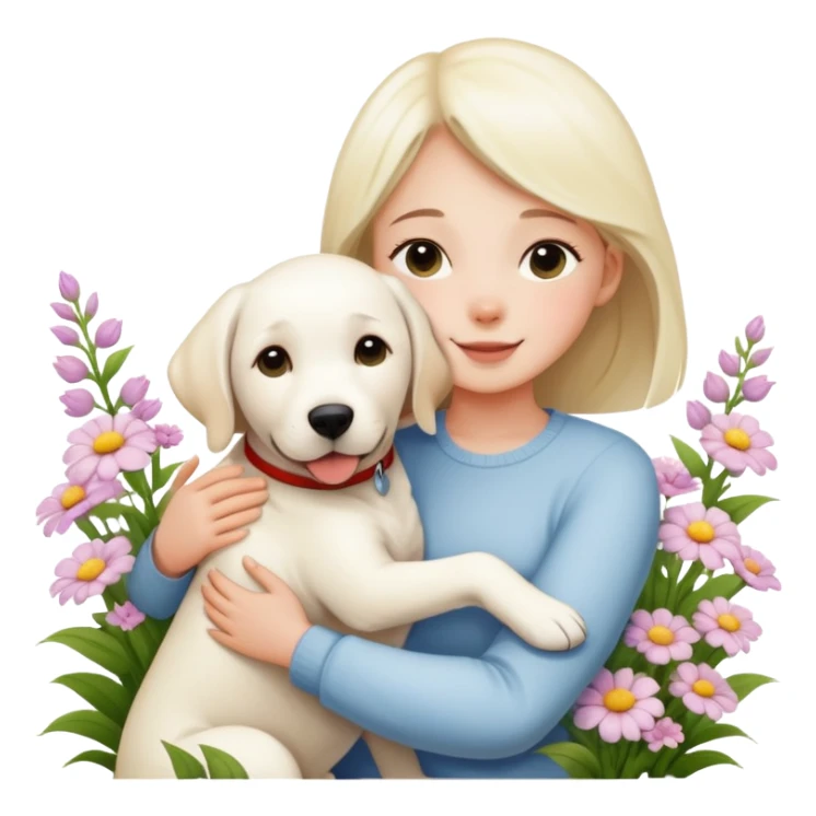 A girl happily hugs a white Labrador among the flowers sticker