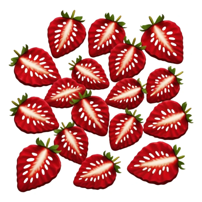 dried strawberry slices, two or three, deep red, curled edges, natural seeds, inner pattern, leathery wrinkled texture, matte, small thin irregular shapes, no bowl or garnish, no faces, clean 3D, soft shadows, transparent background, emoji scale sticker