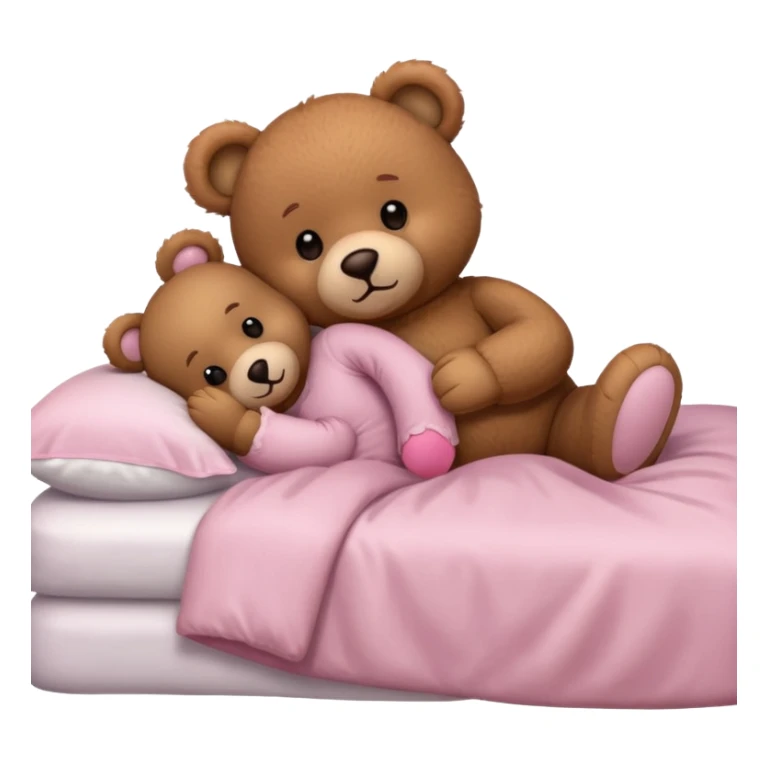 Brown teddy bear laying with a light pink teddy bear in bed sticker
