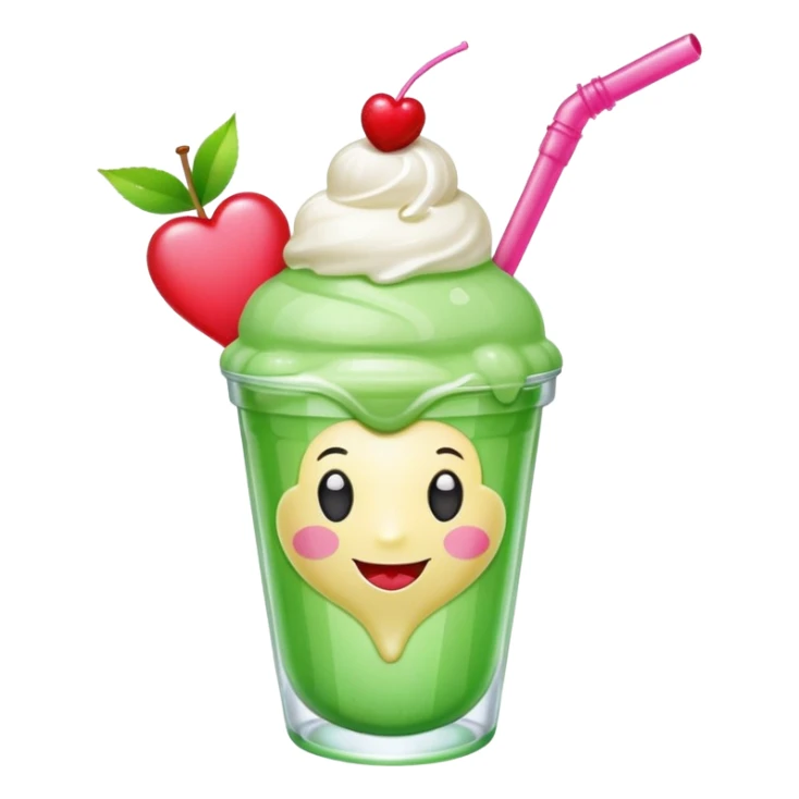 Create an emoji with a clear rounded glass, bright transparent green soda, vanilla ice cream scoop, two red cherries, pink heart-shaped straw, simple shapes, bright colors, glossy, kawaii style, centered, transparent background
 sticker